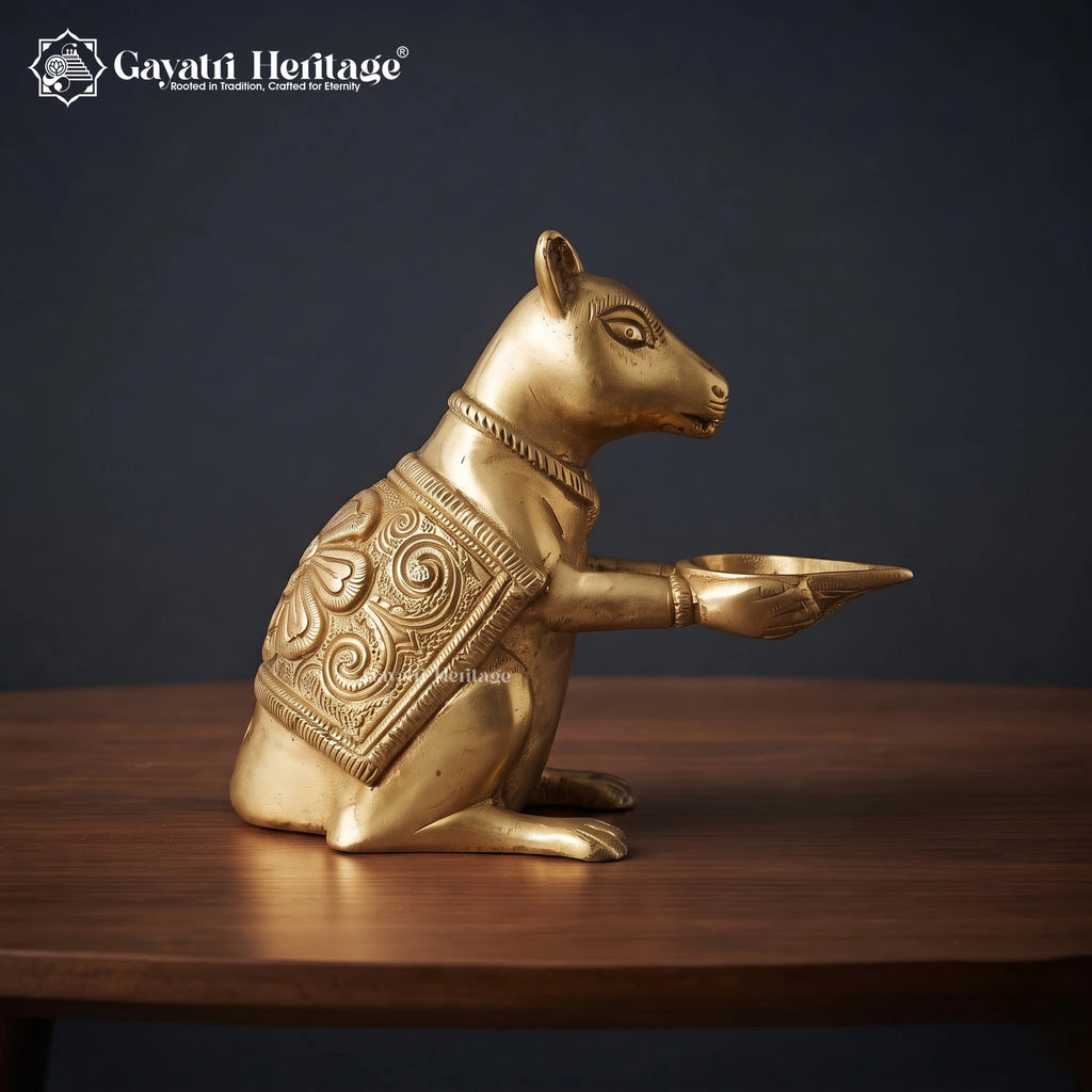 Brass Mushak Diya Statue | Ganpati’s Rat Vahana Oil Lamp Holder | Handcrafted Brass Pooja & Home Decor
