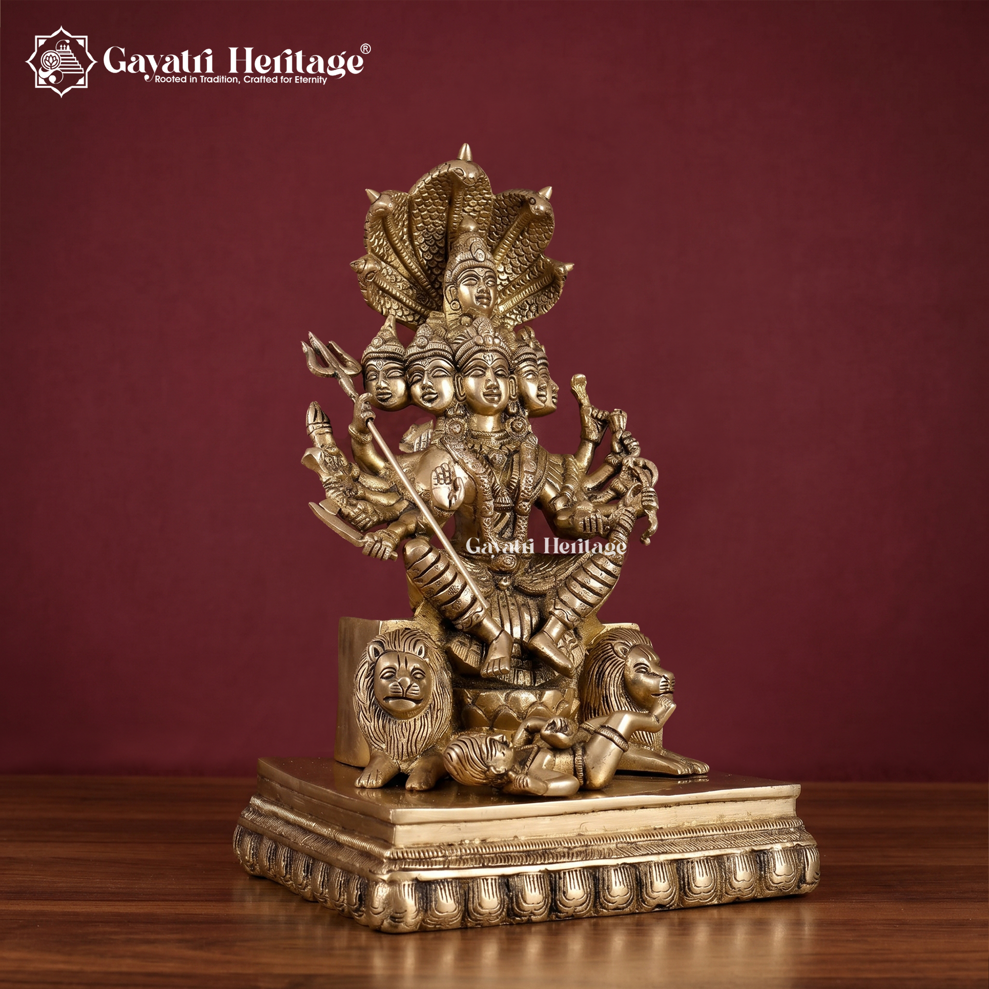Brass Six Faced Durga with Naga Aura & Lions |  Divine Shakti Idol | Pooja Room Decor  | Gayatri Heritage