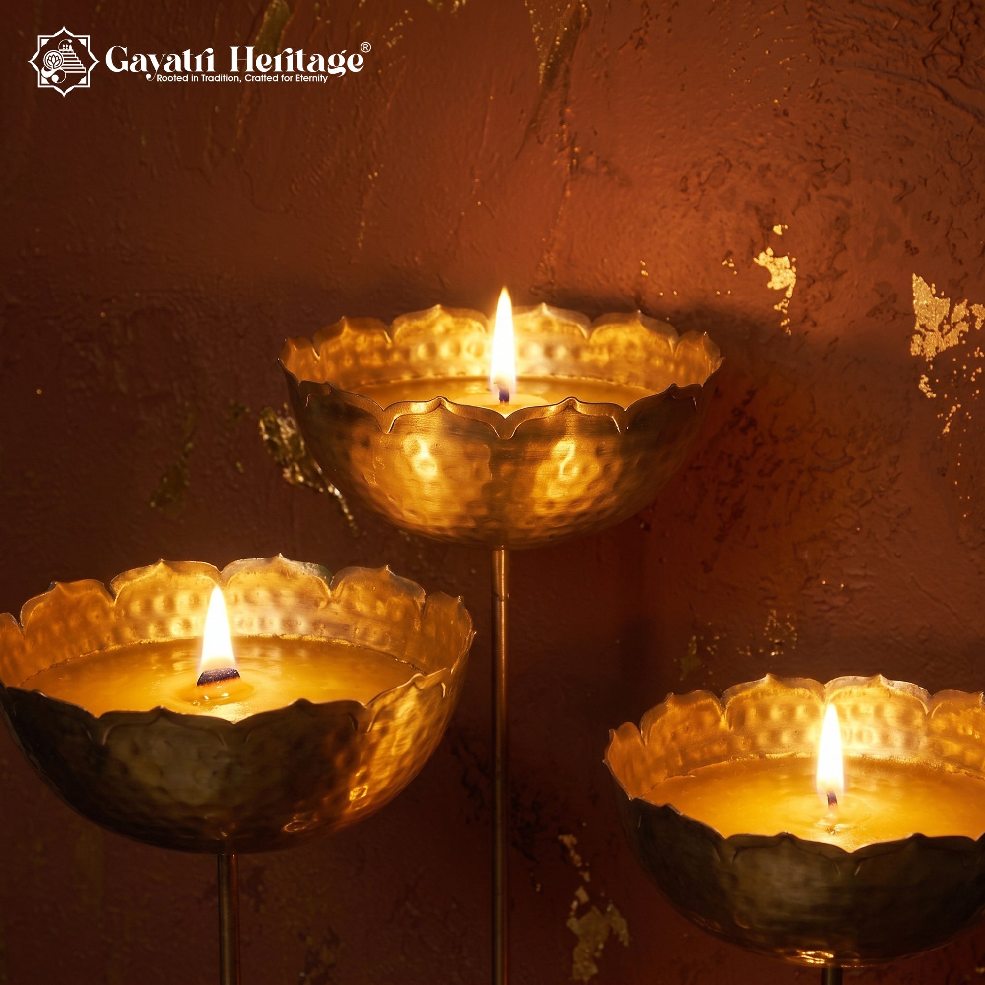 Set of 3 Tall Urli Bowls – Hammered Gold Lotus Petal Diya Stand | Gayatri Heritage