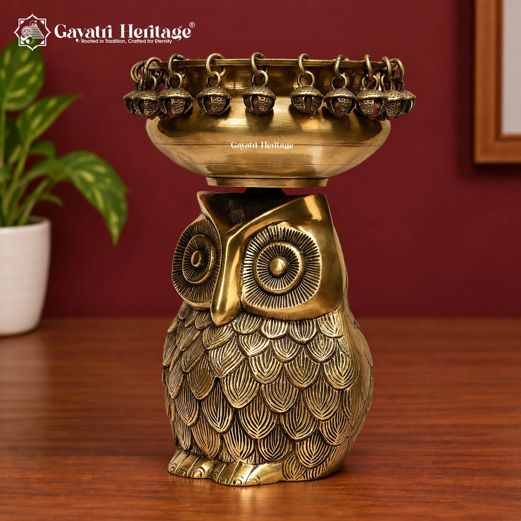 Brass Owl Urli with Bells – Handmade Lakshmi Owl Flower Bowl, Floating Candle & Diwali Decor