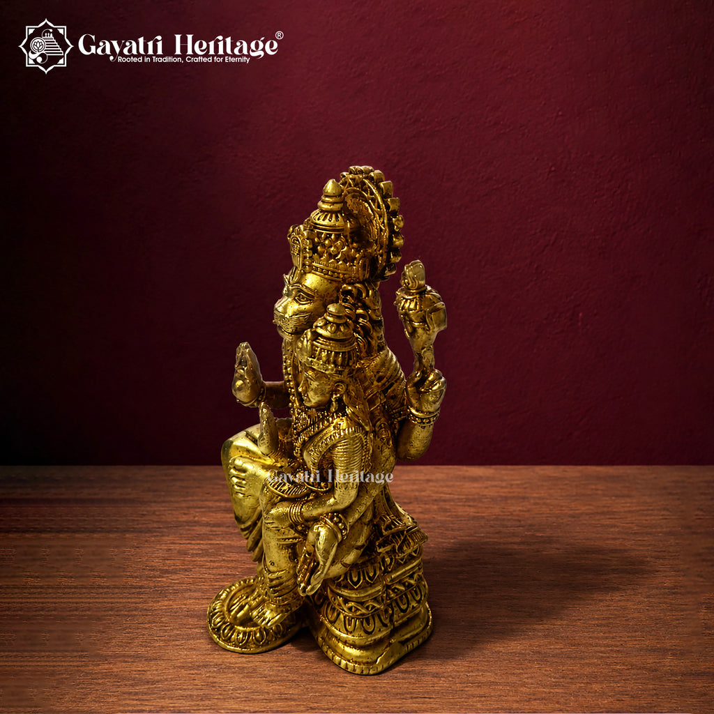 Brass Narasimha Idol | Lord Vishnu Lion Avatar Statue | Antique Gold Ugra Narasimha Murti | Hindu Pooja Room Decor | Spiritual Gift