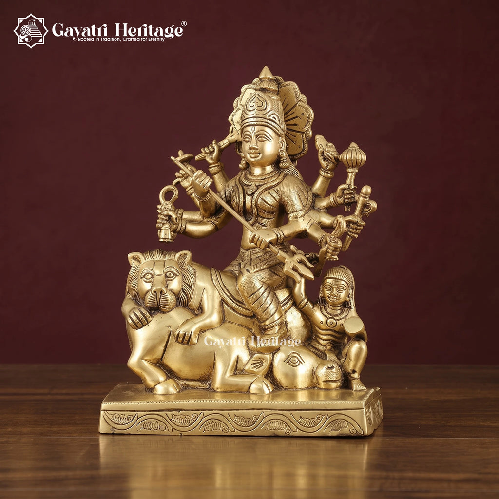 Brass Mahishasura Mardini Idol | Goddess Durga Slaying Mahishasura | Handcrafted Hindu Statue for Puja & Home Decor