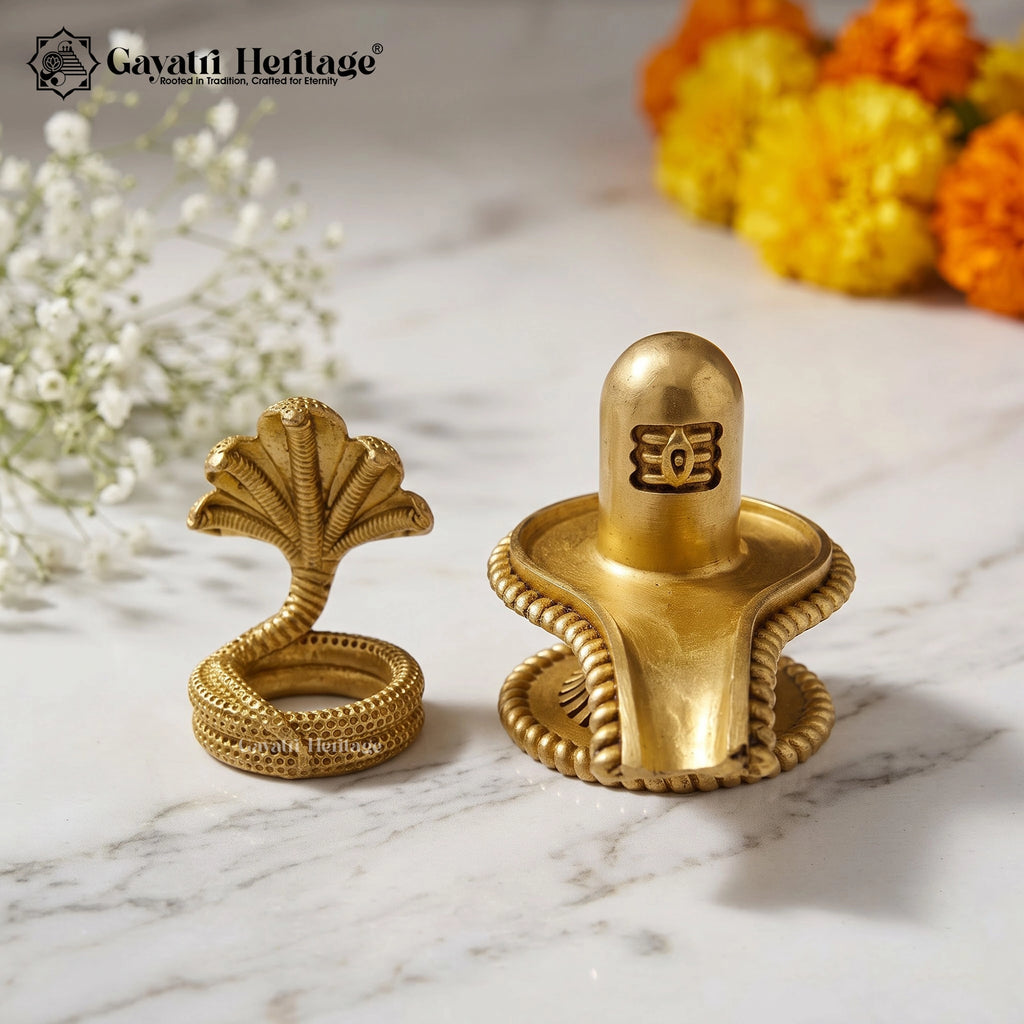 Brass 3D Shivling with Naga Snake | Handcrafted Shiva Lingam Idol | Hindu Pooja & Home Mandir Decor | Spiritual Gift