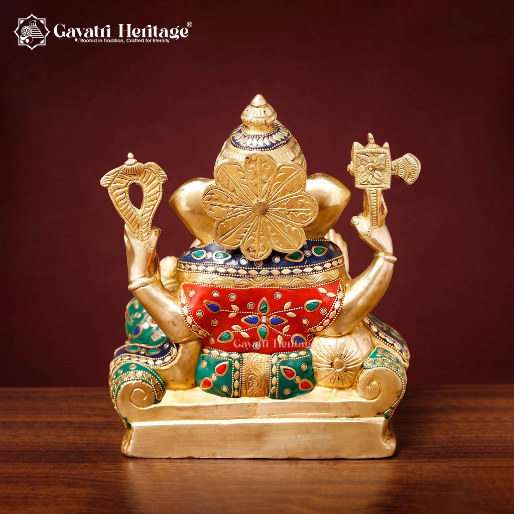 Brass Ganesha Statue with Stone Meenakari Inlay | Handcrafted Ganesh Idol for Diwali Puja & Home Decor