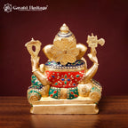 Brass Ganesha Statue with Stone Meenakari Inlay | Handcrafted Ganesh Idol for Diwali Puja & Home Decor