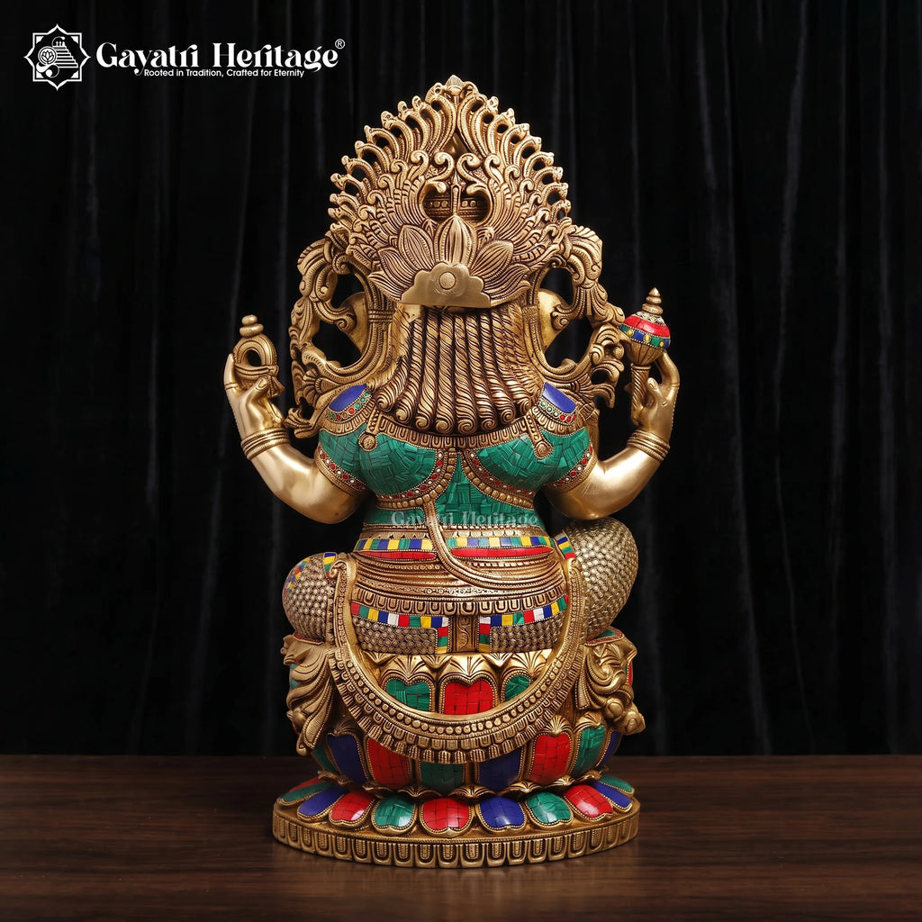 Large Brass Ganesha Statue | Turquoise & Coral Stone Inlay | Lotus Base Ganesh Idol (26 Inch)