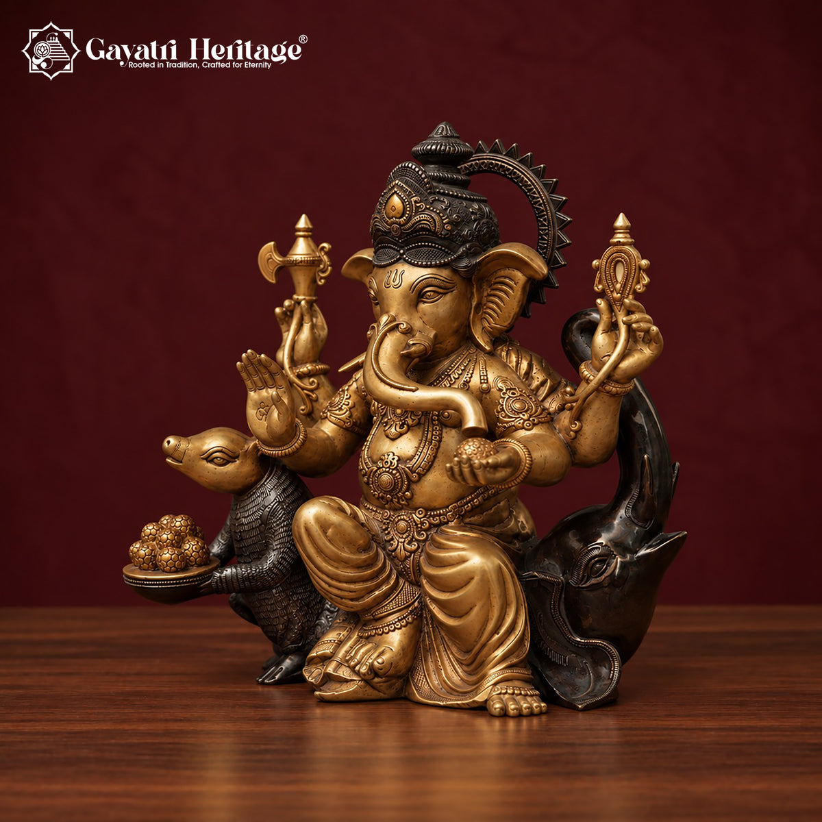 Brass Ganesha Statue with Mouse, Dual Tone Antique Finish Ganpati Idol, Handcrafted Hindu God Murti for Home Mandir