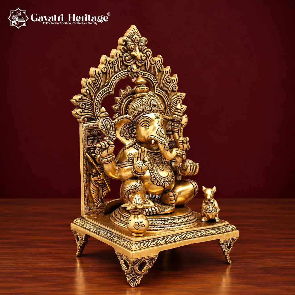 Brass Ganesha Idol on Singhasan Throne with Kirtimukha Arch, Kalash & Mouse | Handcrafted Ganpati Murti for Home Mandir