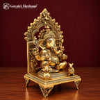 Brass Ganesha Idol on Singhasan Throne with Kirtimukha Arch, Kalash & Mouse | Handcrafted Ganpati Murti for Home Mandir