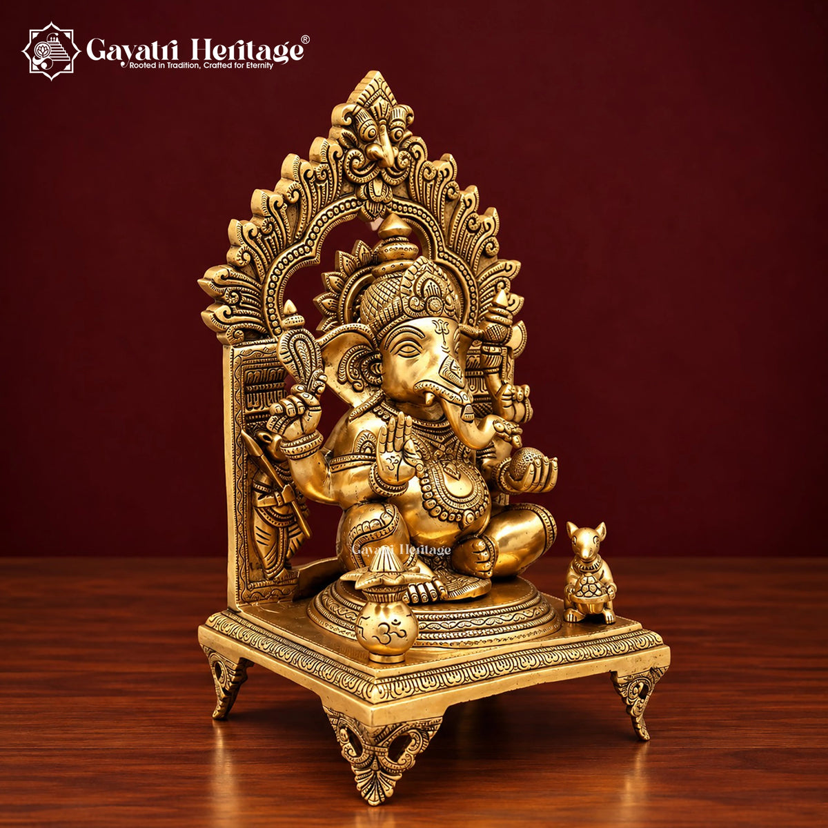 Brass Ganesha Idol on Singhasan Throne with Kirtimukha Arch, Kalash & Mouse | Handcrafted Ganpati Murti for Home Mandir
