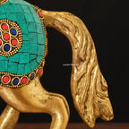 Brass Horse Statue with Turquoise Stone Inlay – Handmade Prancing Horse Figurine