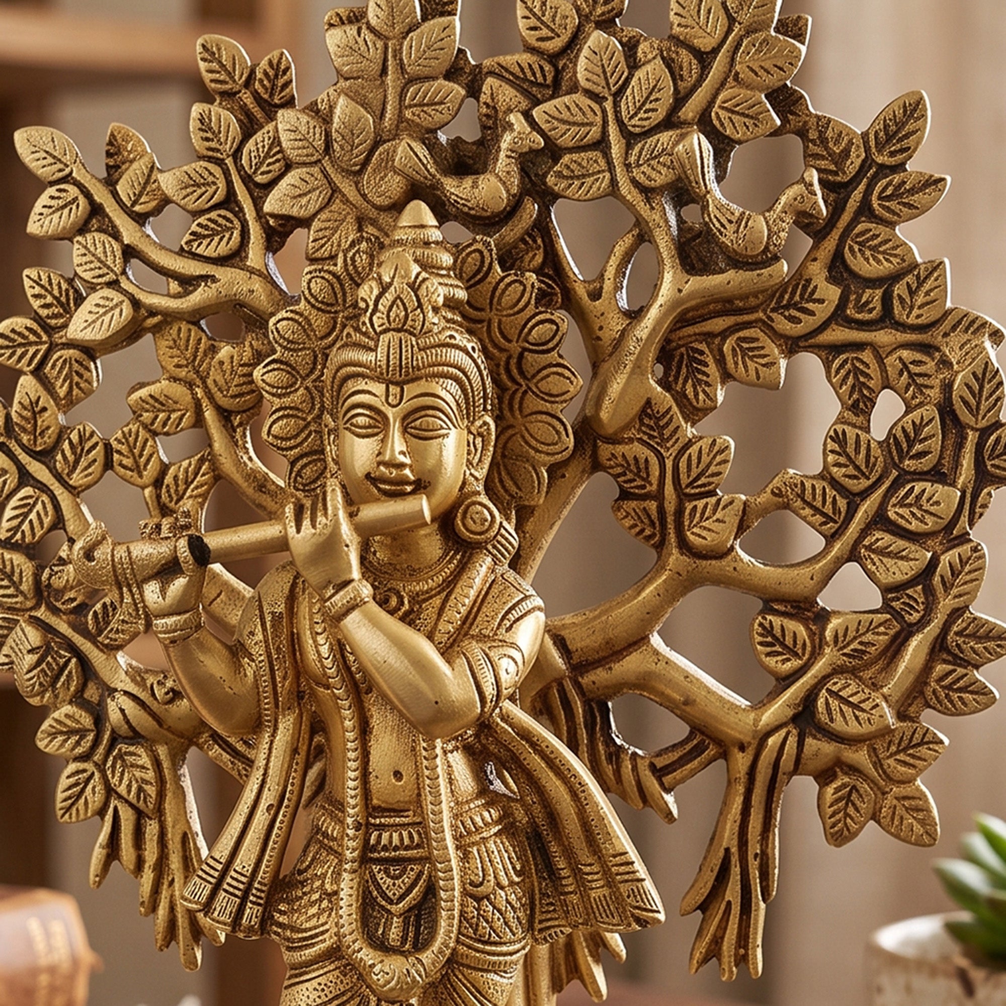 Brass Krishna Under Kalpavriksha Tree – Divine Decor | Gayatri Heritage