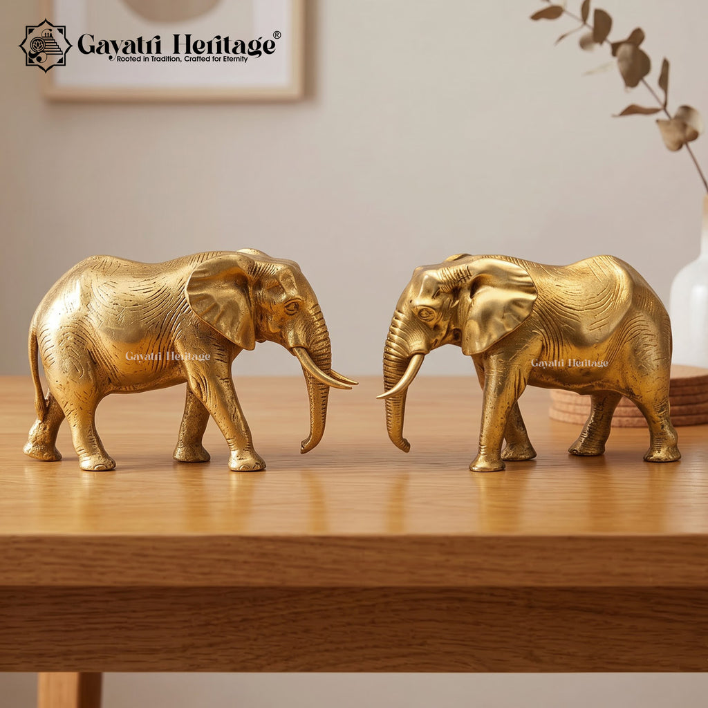 Brass Wild Elephant Pair Statue | Traditional Indian Elephant Figurines | Luxury Home Decor, Living Room Tabletop & Office Display