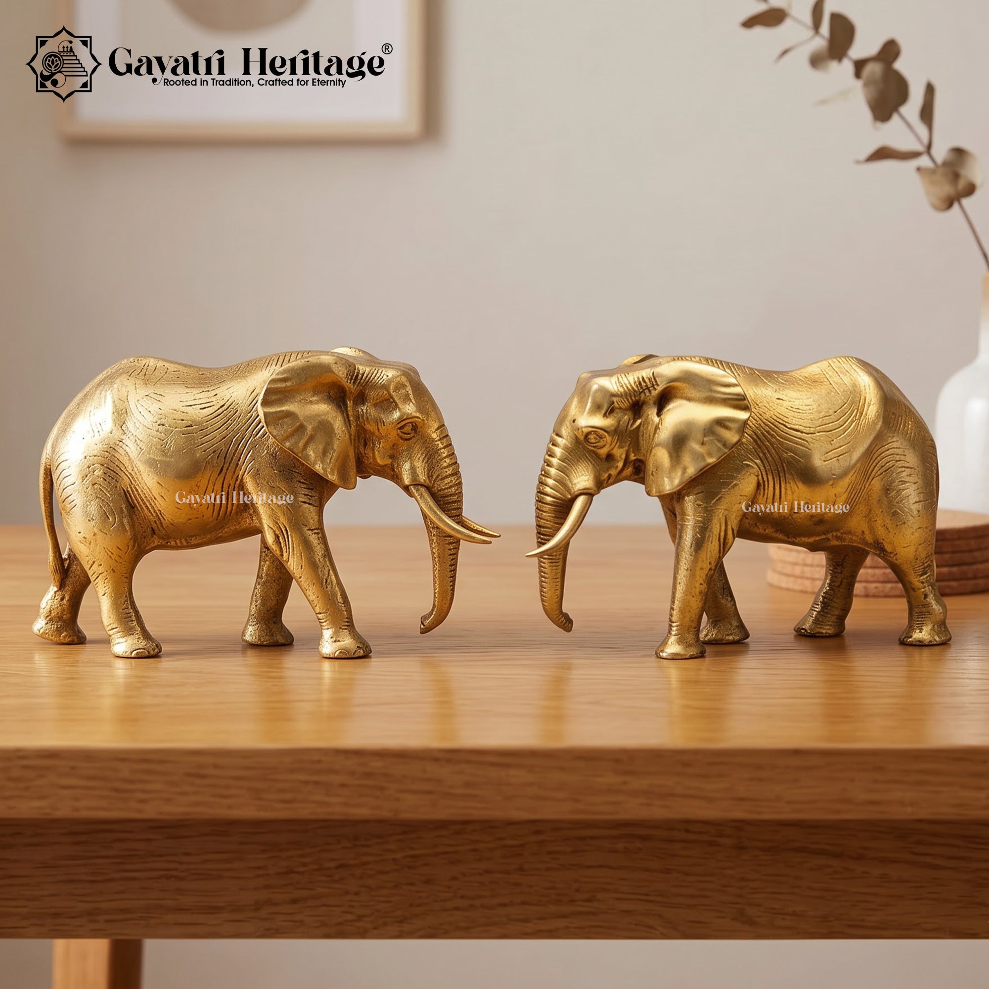 Brass Wild Elephant Pair Statue | Traditional Indian Elephant Figurines | Luxury Home Decor, Living Room Tabletop & Office Display