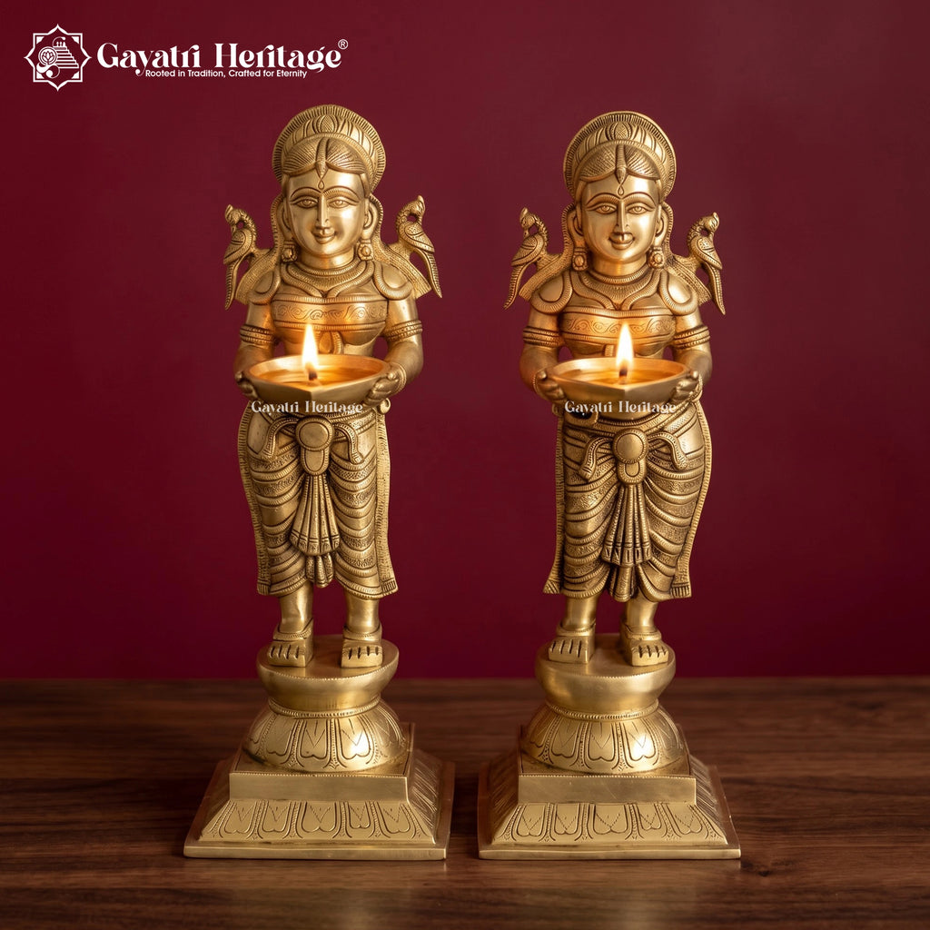 Brass Deepalakshmi Diya Pair Set of 2, Paavai Vilakku Oil Lamps with Parrots, Traditional South Indian Temple Decor