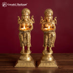 Brass Deepalakshmi Diya Pair Set of 2, Paavai Vilakku Oil Lamps with Parrots, Traditional South Indian Temple Decor