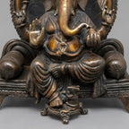 Handcrafted Brass Ganesha Idol with Throne & Umbrella Bells | Antique Black Gold Ganesh Statue