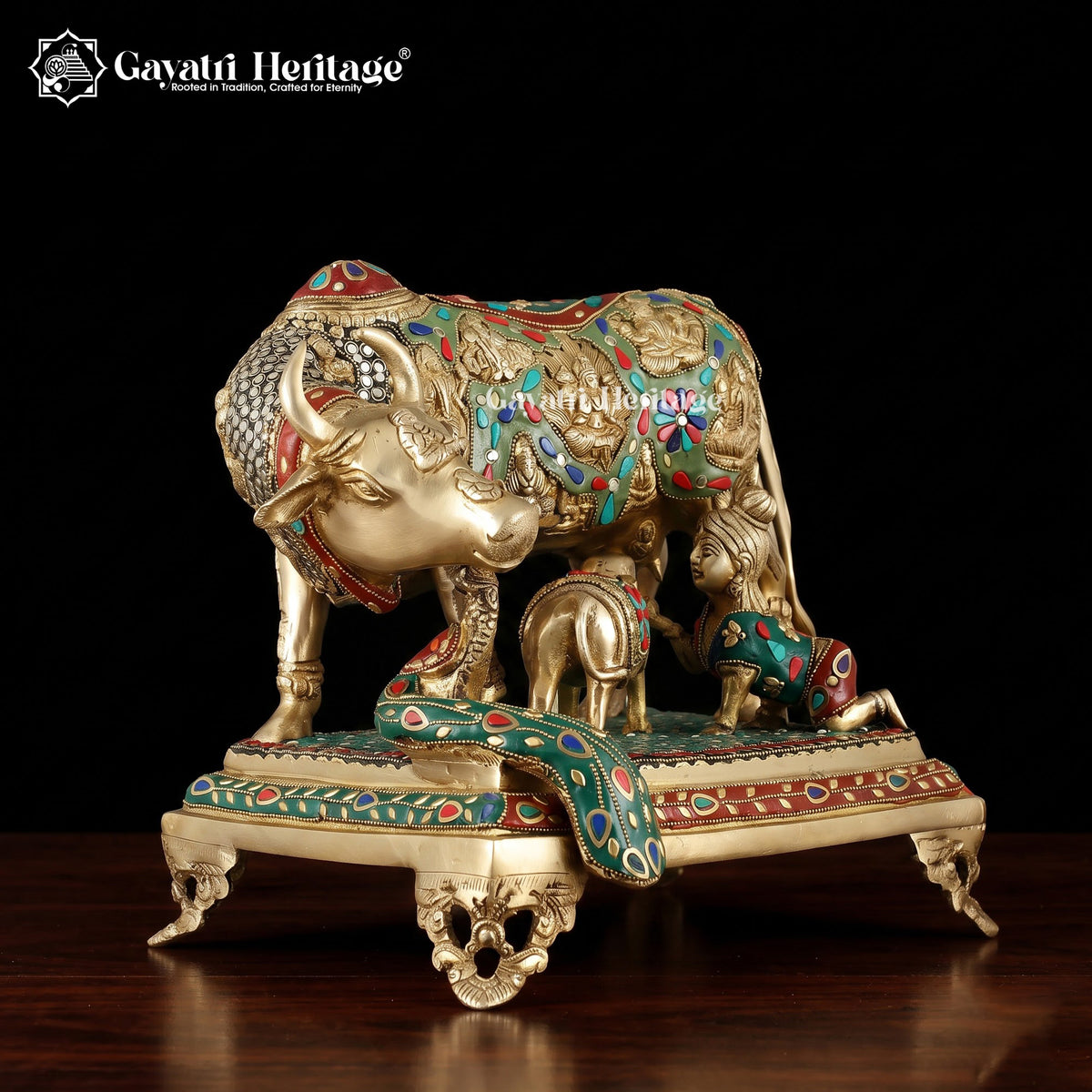 Brass Cow and Calf in Stone Work – Exquisite Religious Décor | Gayatri Heritage