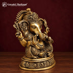 Brass Ganesh Idol on Round Base, Antique Gold Ganesha Statue with Om, Mushak & Halo, Handcrafted Murti for Home Temple