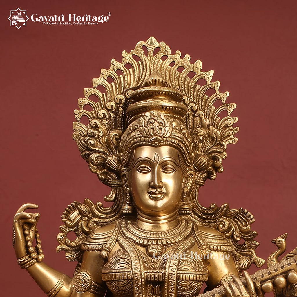Brass Saraswati Devi Statue | Seated Goddess of Knowledge with Veena Idol