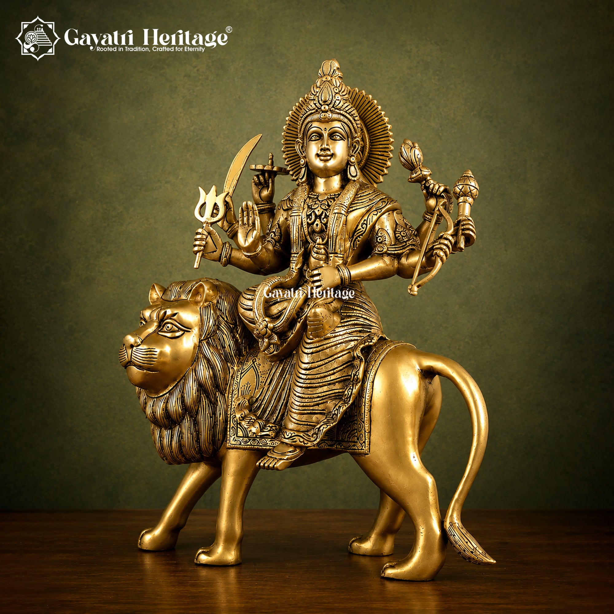 Brass Durga Mata Idol Sitting on Lion | Antique Finish | Hand Crafted Statue | Home Temple Decor