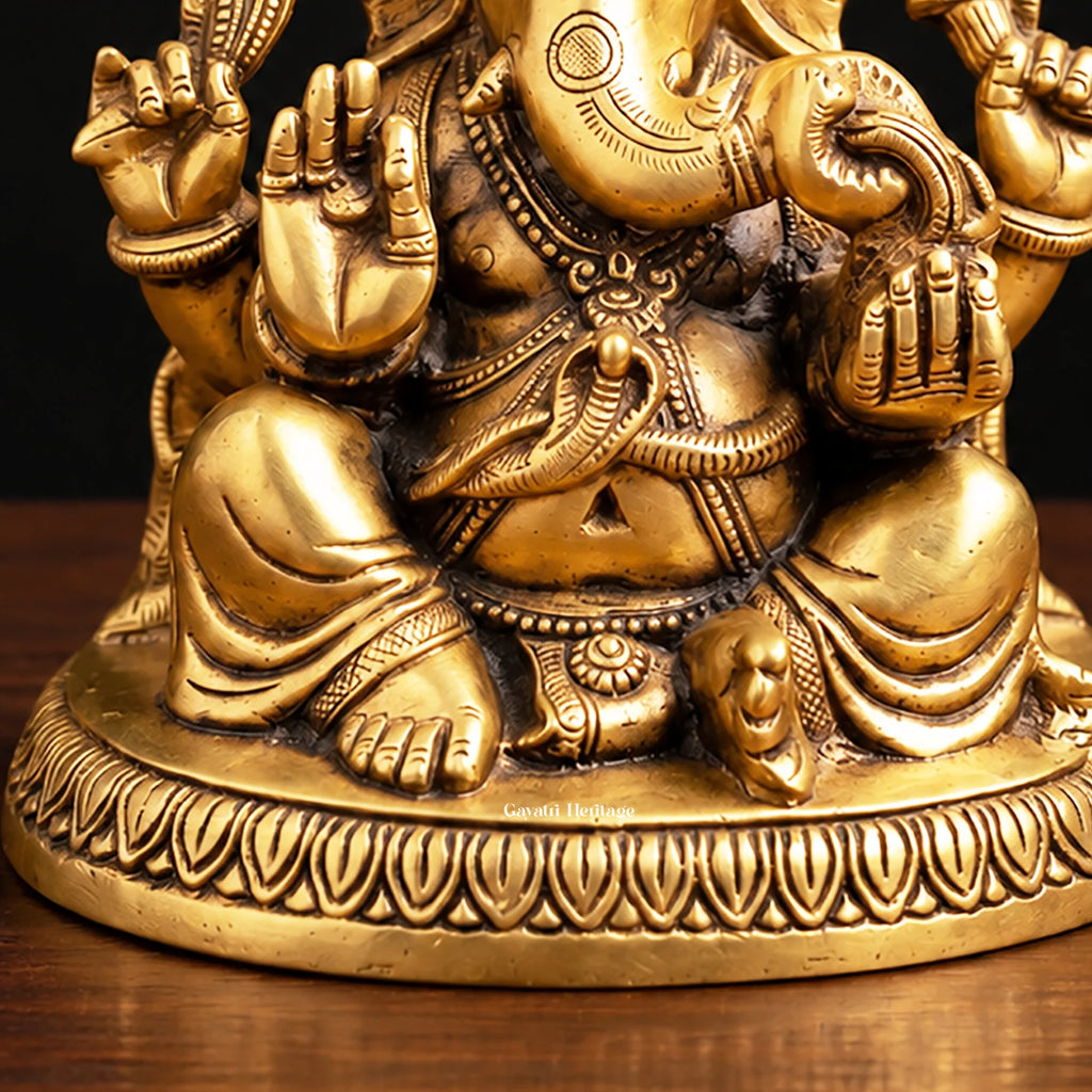 Brass Ganesha Idol on Lotus Base, Traditional Indian Temple Murti, Handcrafted Ganpati Statue for Home Mandir