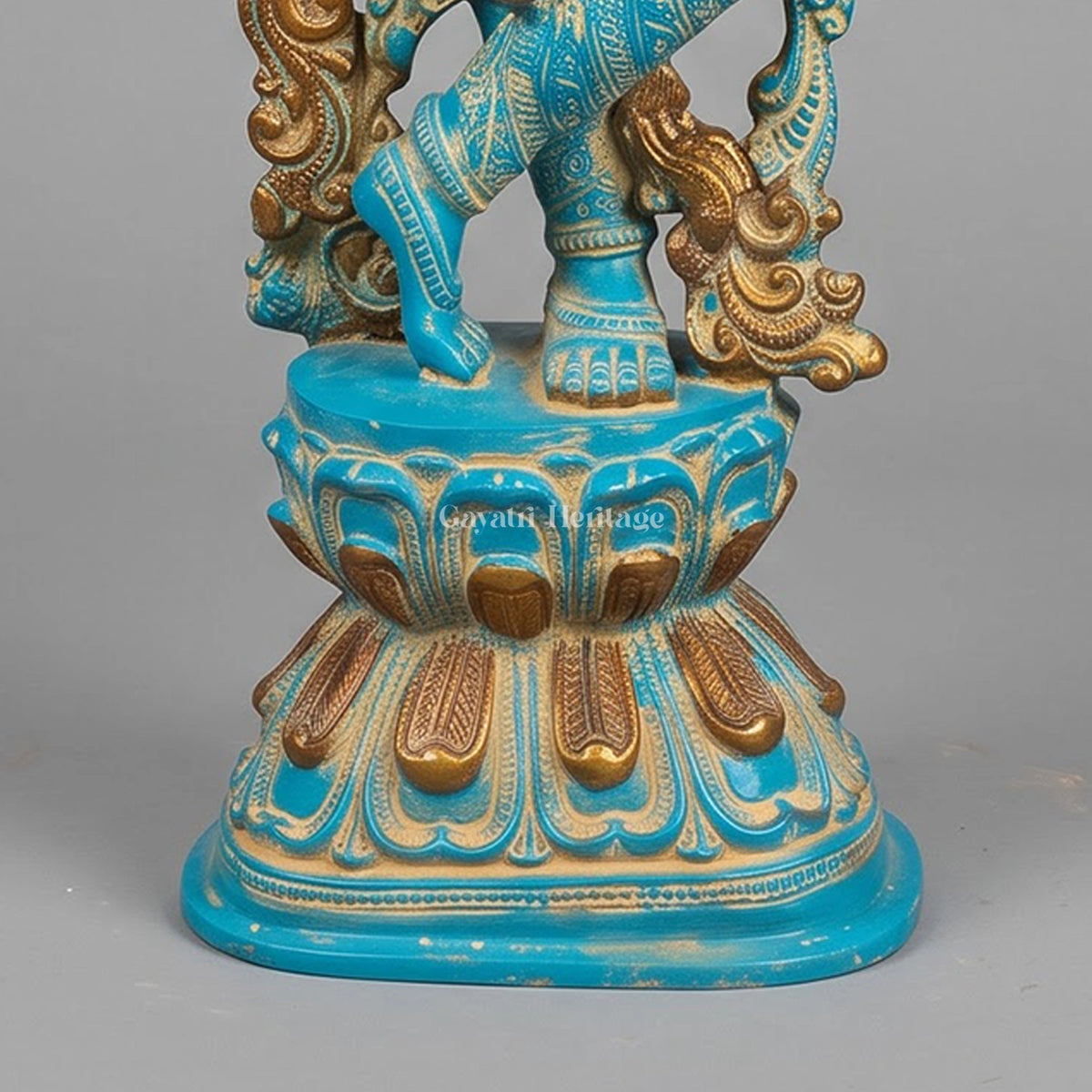 Brass Krishna Statue with Turquoise Antique Finish | Flute Playing Krishna Murti | Hindu God Idol for Home Temple Decor