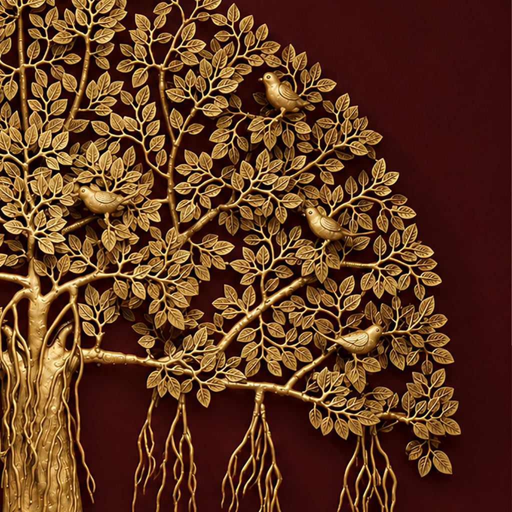 Brass Kalpvriksha Tree Wall Hanging, Large Tree of Life Wall Art with Birds, Indian Brass Wall Decor