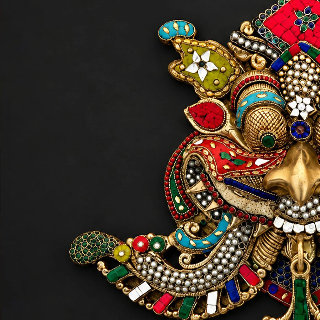Brass Kirtimukha Wall Hanging with Pearl Bead Stone Inlay – Nazar Battu & Main Door Decor