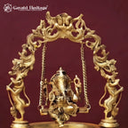 Brass Ganesha Swing Urli Bowl with Diyas & Bells, Handcrafted Ganesh Pooja Decor, Diwali Home Temple Decoration