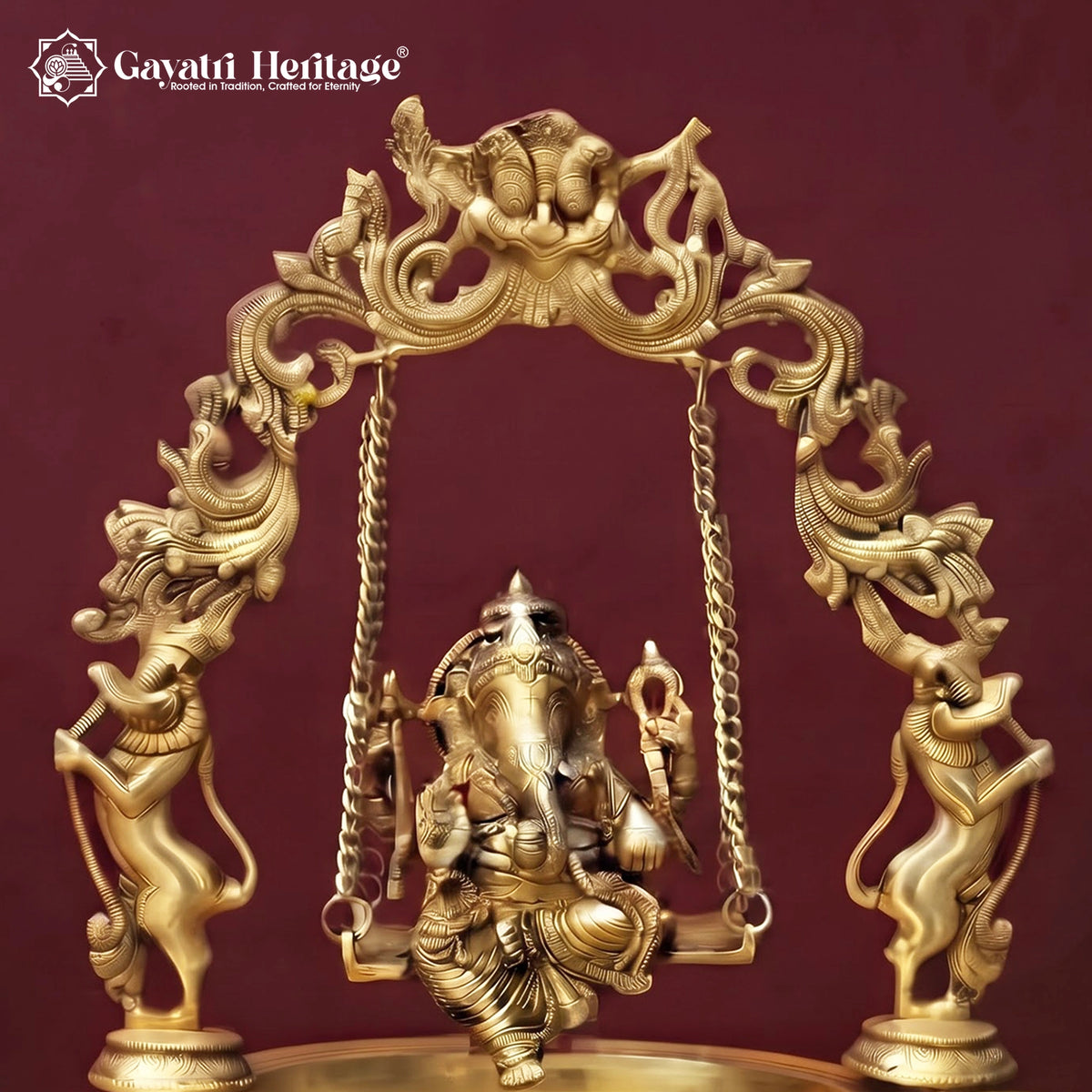 Brass Ganesha Swing Urli Bowl with Diyas & Bells, Handcrafted Ganesh Pooja Decor, Diwali Home Temple Decoration