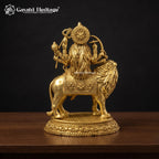Brass Durga Maa Idol on Lion | Traditional Goddess Durga Murti with Decorative Round Base