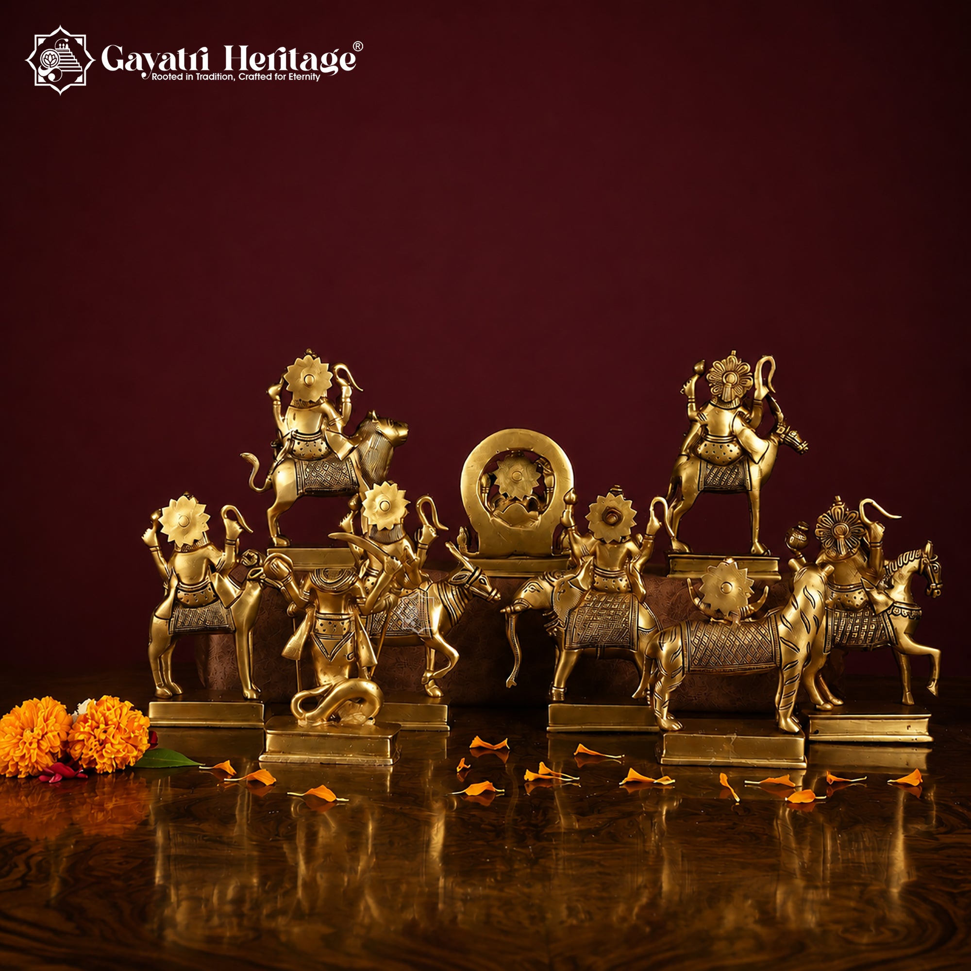 Brass Navgraha Idol Set – Sacred Nine Planet Deities for Home Temple & Vastu Decor | Gayatri Heritage