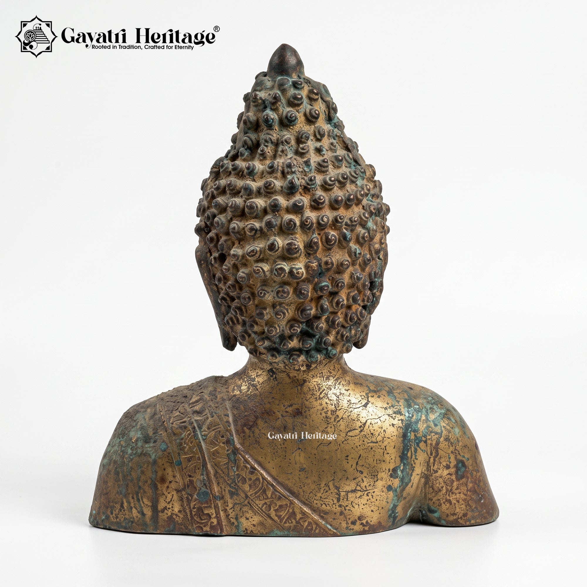 Antique Brass Buddha Bust Statue – Verdigris Patina Finish Gayatri Heritage