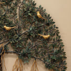Brass Kalpvriksh Tree of Life Wall Art, Large 48 Inch Tree Wall Sculpture, Golden Birds, Green Gold Indian Luxury Decor