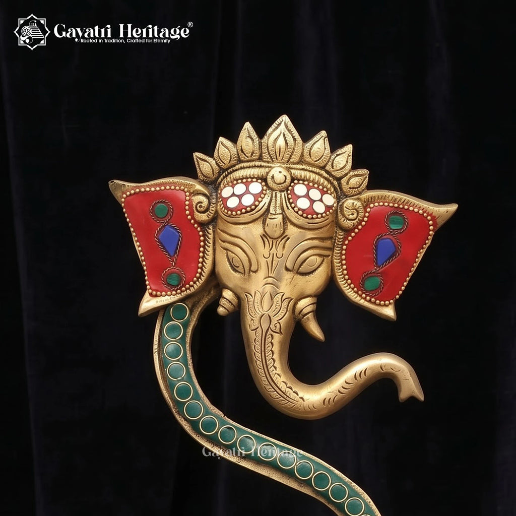 Brass Ganpati Diya | Stone Inlay Oil Lamp | Handmade Pooja Decor 9 Inch