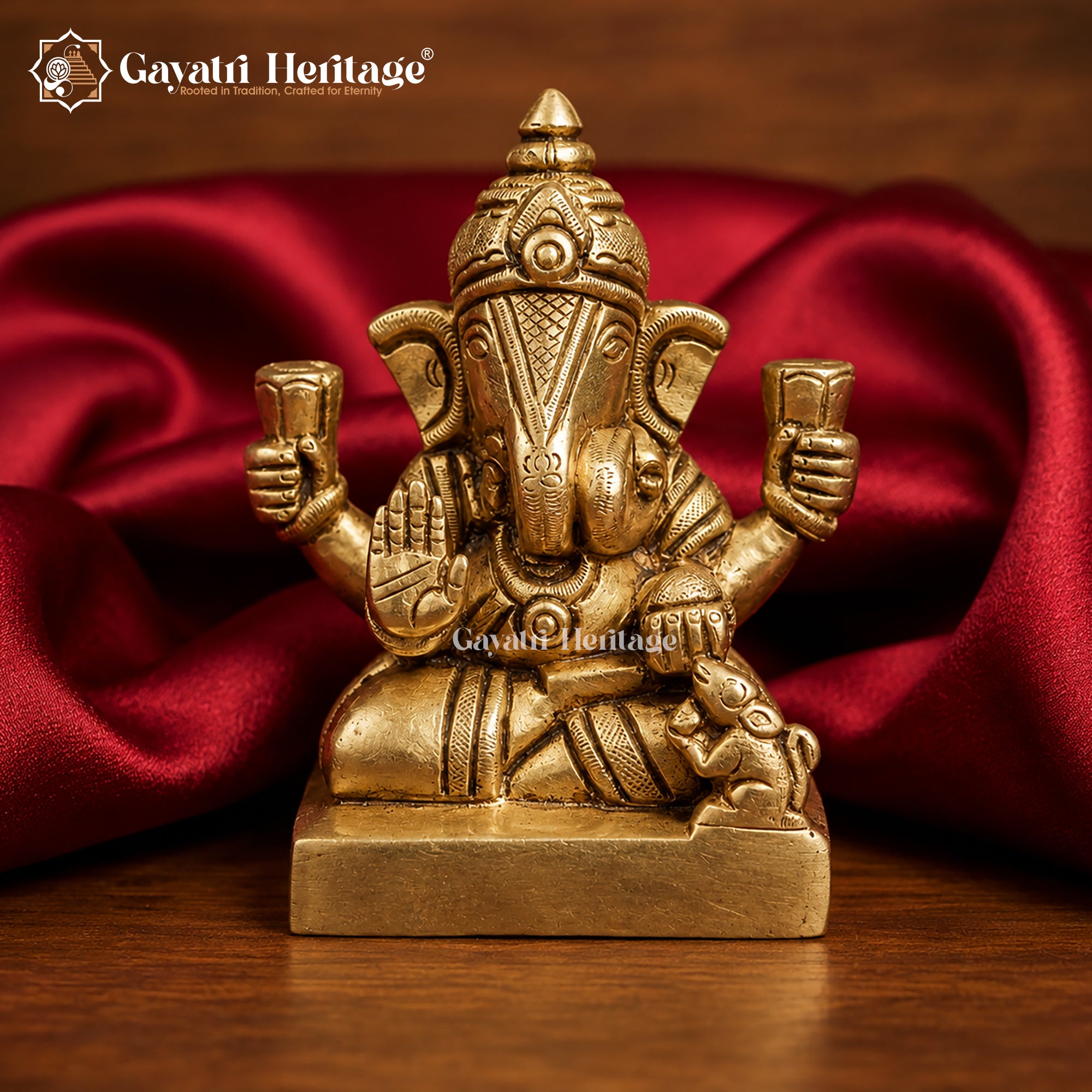 Brass Ganesha Idol | Seated Blessing Pose with Mouse | Handcrafted Ganesh Murti for Home Temple | 4.9 Inch