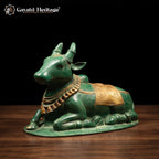 Brass Nandi Statue | Green Patina Finish with Ornate Saddle Cloth | Shiva Vahana (9.5 Inch)