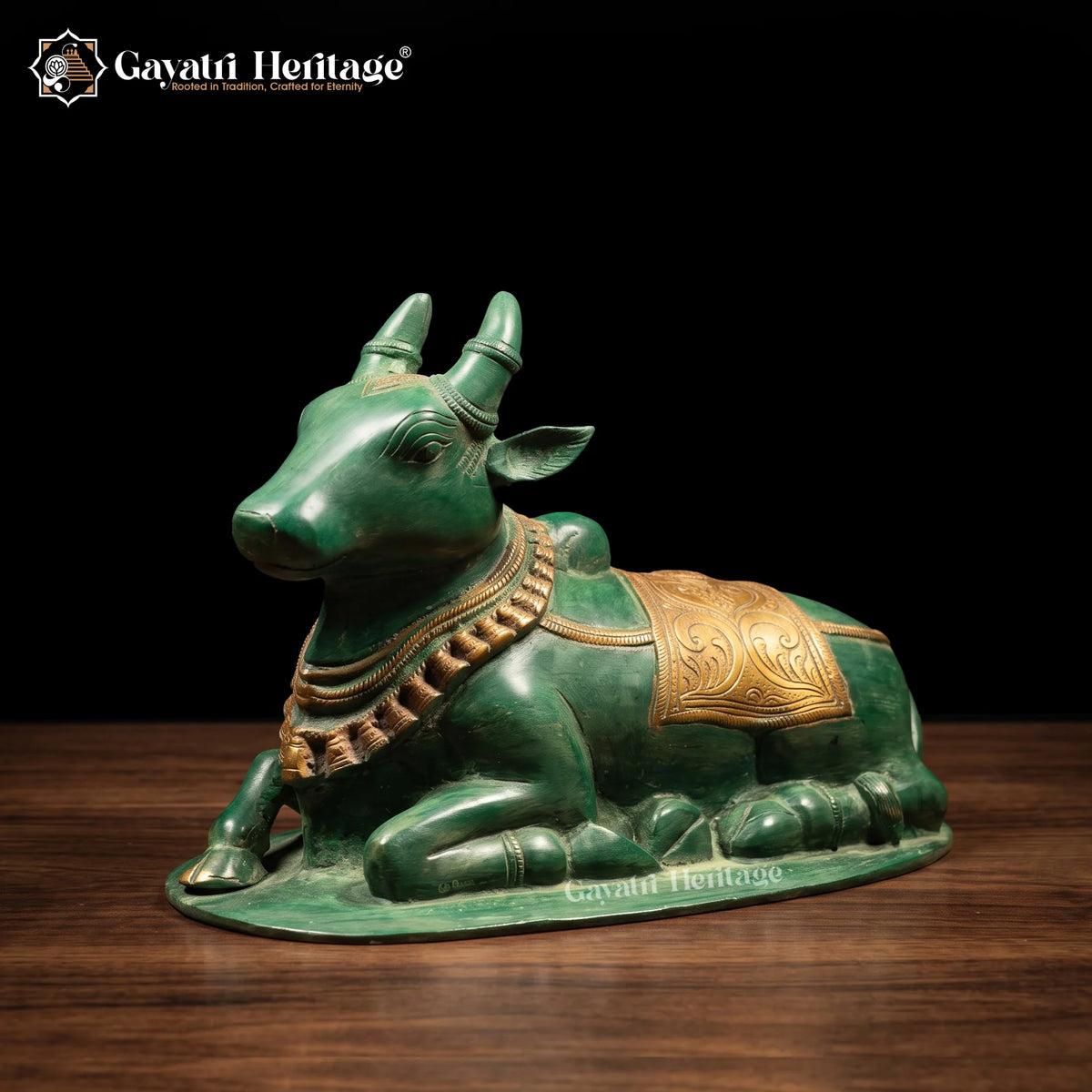Brass Nandi Statue | Green Patina Finish with Ornate Saddle Cloth | Shiva Vahana (9.5 Inch)