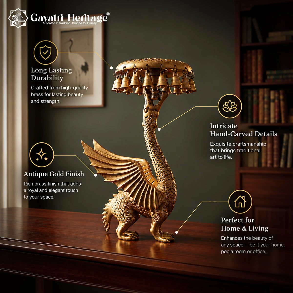 Brass Dragon Bell Chowki Stand | Mythical Bird Pedestal with Hanging Bells | Vintage Home Decor