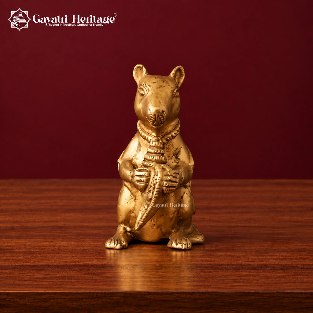 Brass Mushak Set of 3 | Ganesha Rat Vahana Figurines with Laddoo & Conch Diya | Handcrafted Pooja & Home Decor