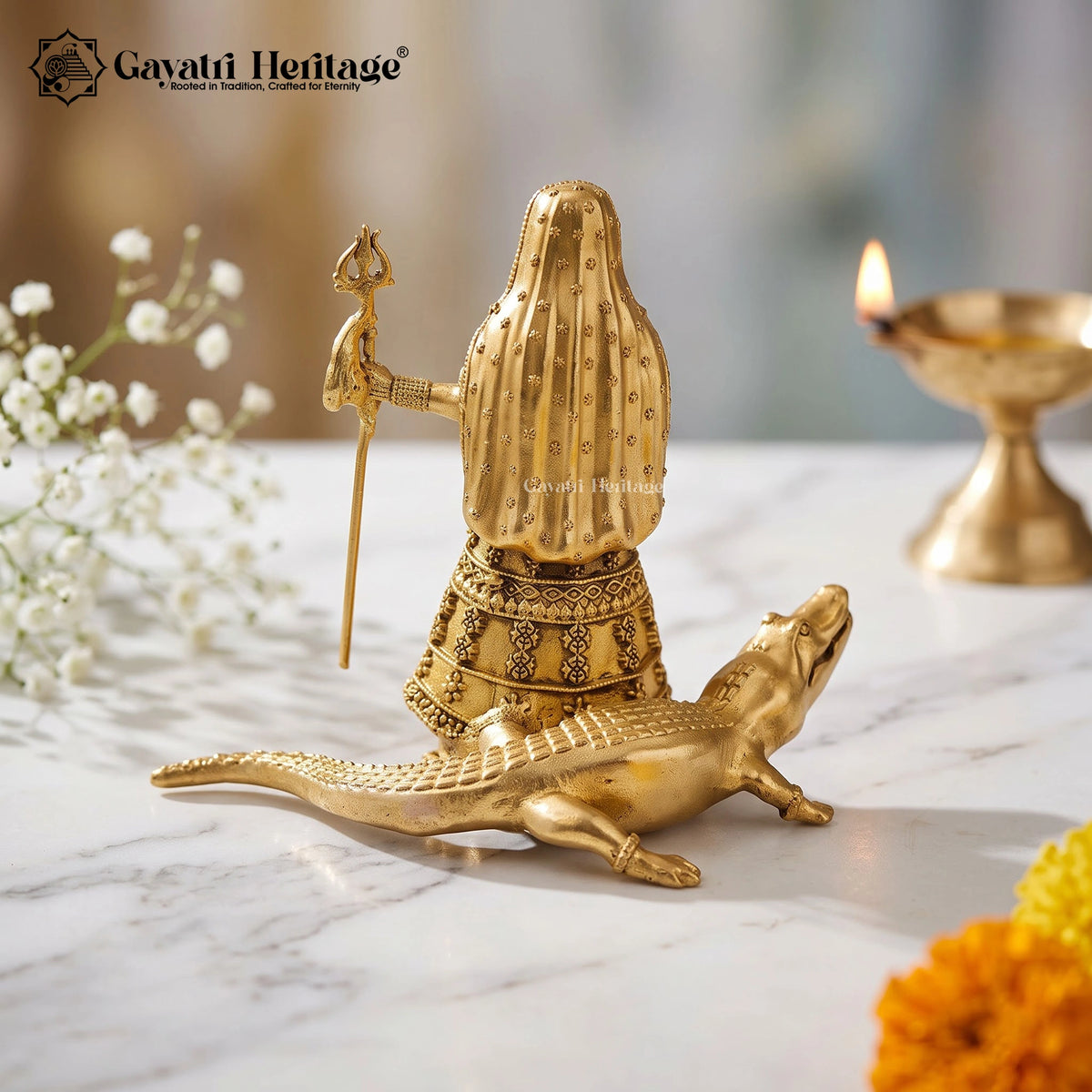 Brass Khodiyar Mata Statue with Crocodile | Handcrafted Gujarati Kuldevi Idol | Hindu Goddess Murti