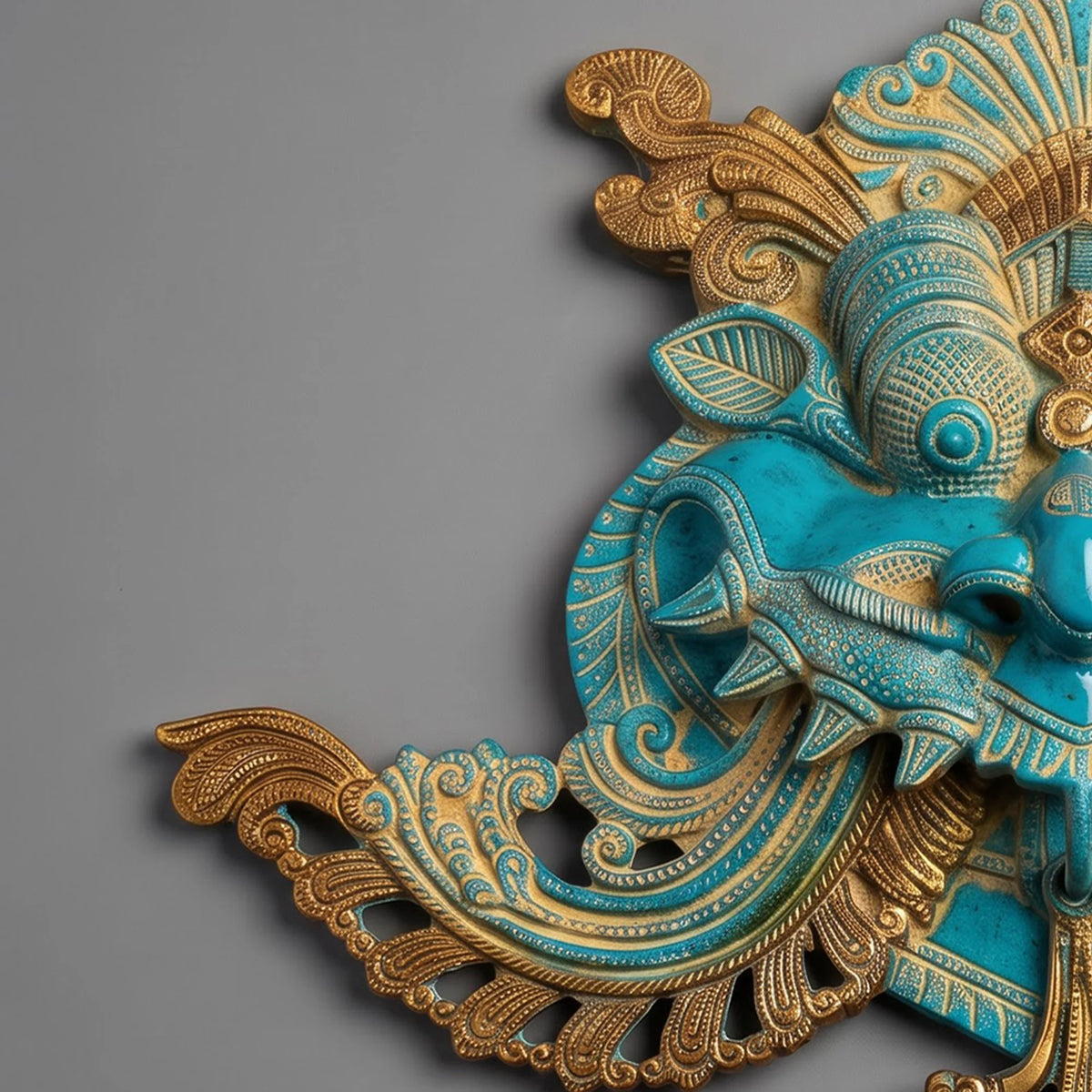 Kirtimukha Brass Wall Hanging – Turquoise Patina Temple Guardian Face, Handcrafted Indian Décor