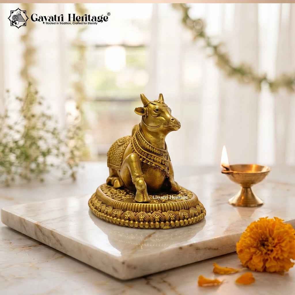Brass Nandi Statue, Sitting Nandi Bull Idol, Shiva Temple Murti, Pooja Room & Home Mandir Decor