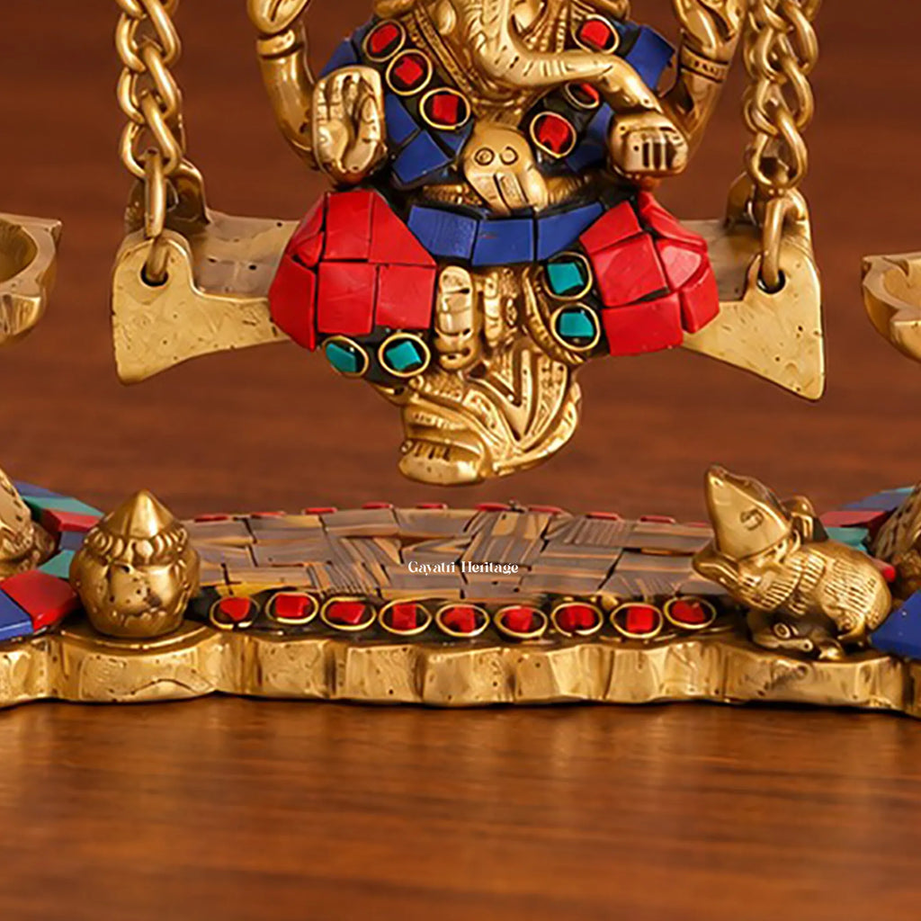 Brass Ganesha Jhula with Stone Inlay & Temple Bells, Handcrafted Ganesh Swing Idol, Diwali Pooja & Home Decor