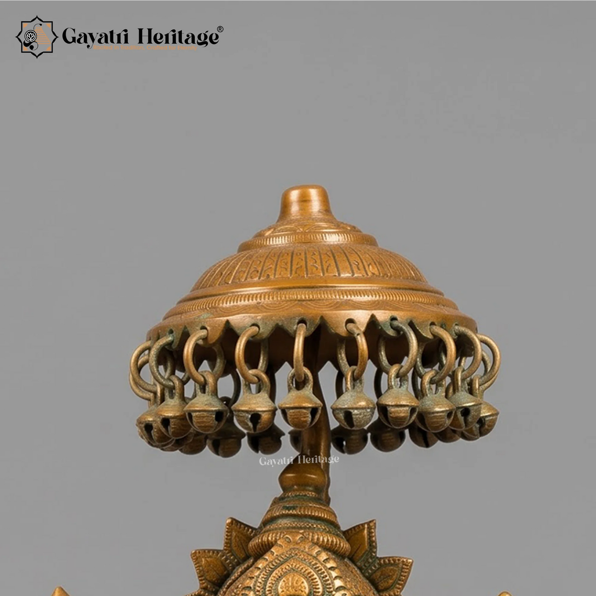 Brass Ganesha Statue with Umbrella & Bells | Antique Finish Temple Decor