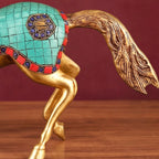 Brass Horse Statue with Stone Inlay, Handmade Prancing Horse Figurine, Indian Vastu Decor, Home & Office Decoration