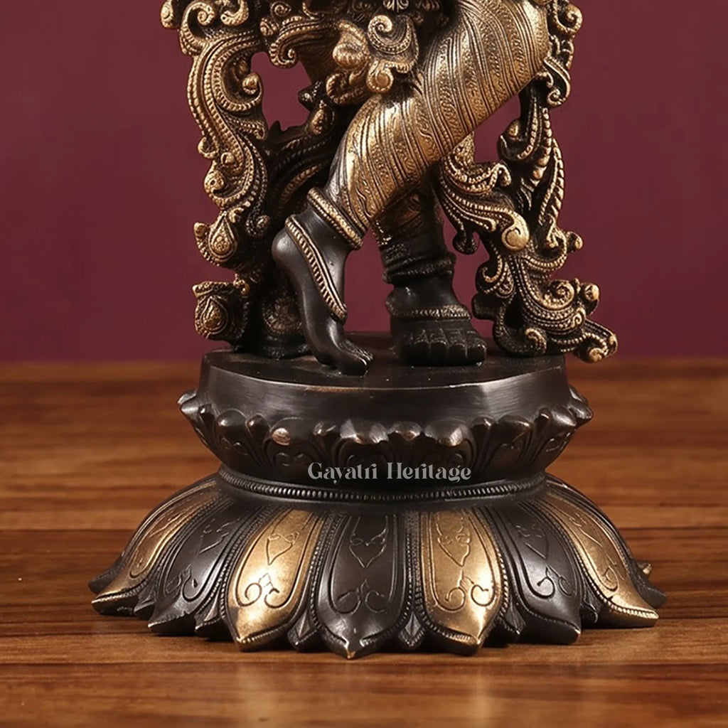 Brass Krishna Flute Statue | Black & Gold Finish | Handmade Hindu Home Decor