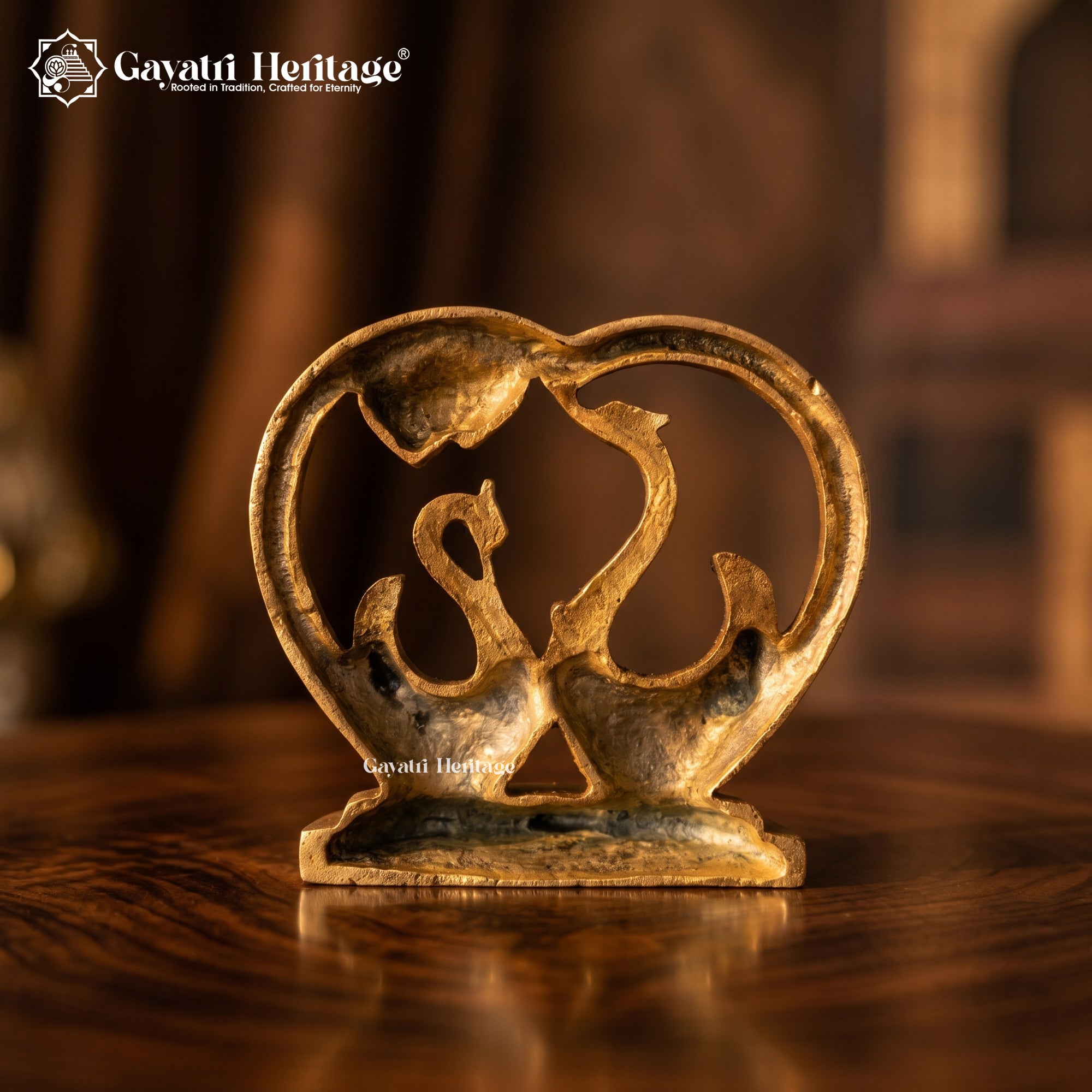Antique Brass Twin Swan Heart Figurine 5.5" |  Handcrafted Love Birds Statue | Anniversary & Wedding Gift  | Gayatri Heritage