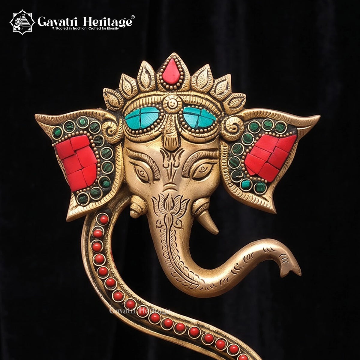 Brass Ganesha Diya | Turquoise Coral Inlay Oil Lamp | Handmade Pooja Decor 9 Inch